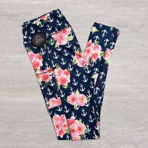 Pink Flowers & Anchors Navy Soft Leggings w/ Pockets
